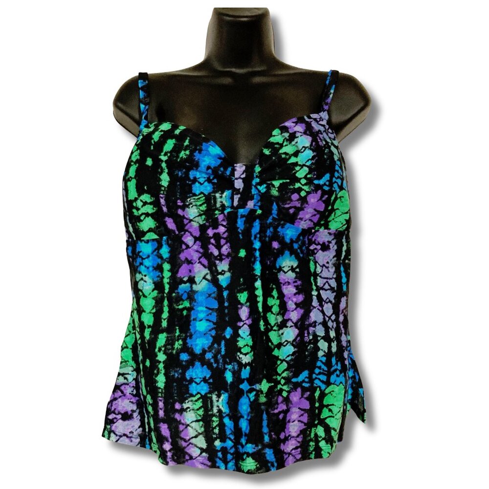 LEILANI Black multi-colour ikat tie-dye inspired print tankini top ~ LARGE XL 1X